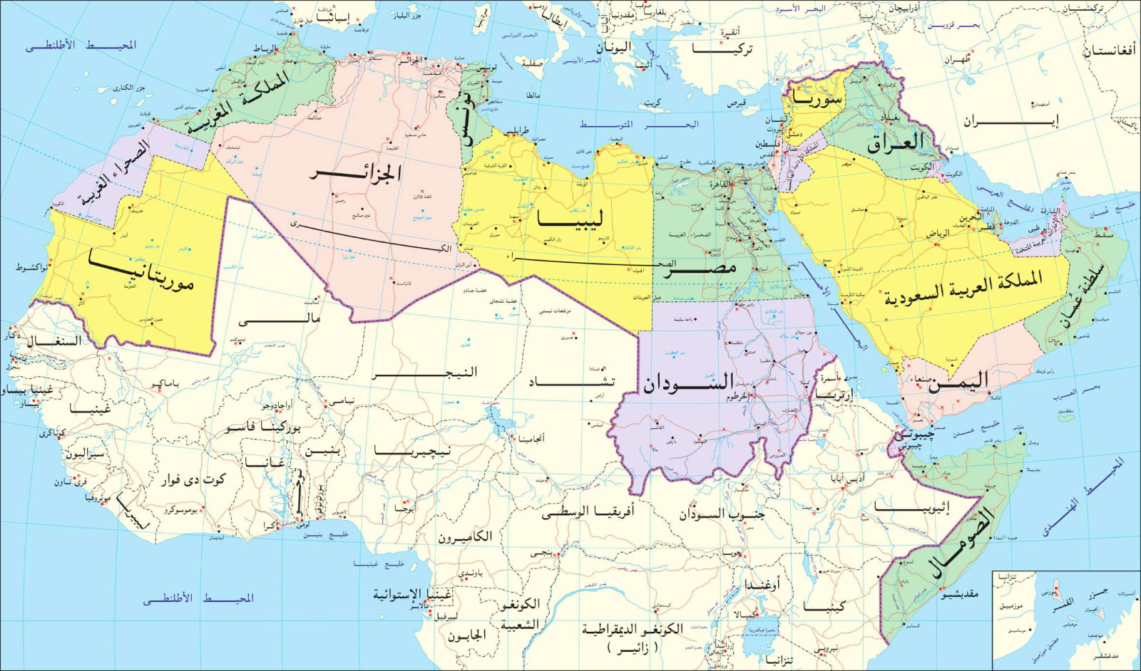 خريطة تظهر مساحة الدول العربية