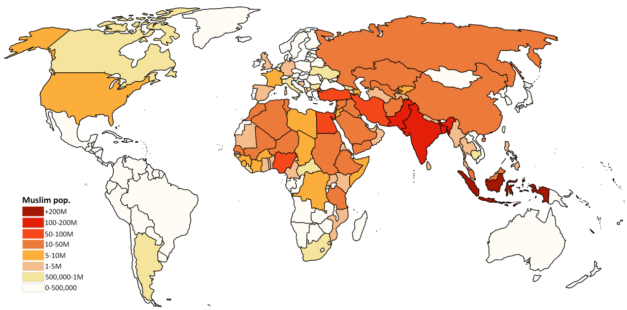 خريطة توضح نسبة المسلمين في العالم