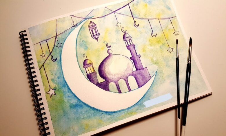 خلفية مرسومة و ملونة عن شهر رمضان و الهلال و المسجد و الزينة.
