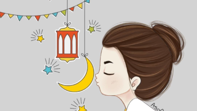 خلفية رمضانية مرسومة و ملونة لبنت مع رمزيات رمضان.