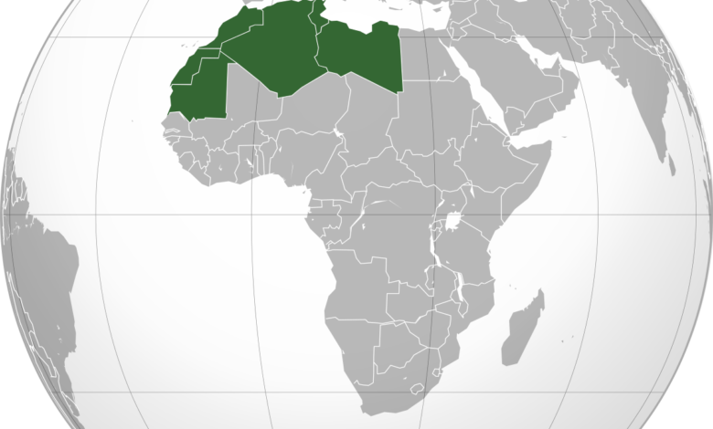صورة لخريطة العالم و موضح فيها دول اتحاد المغرب العربي.