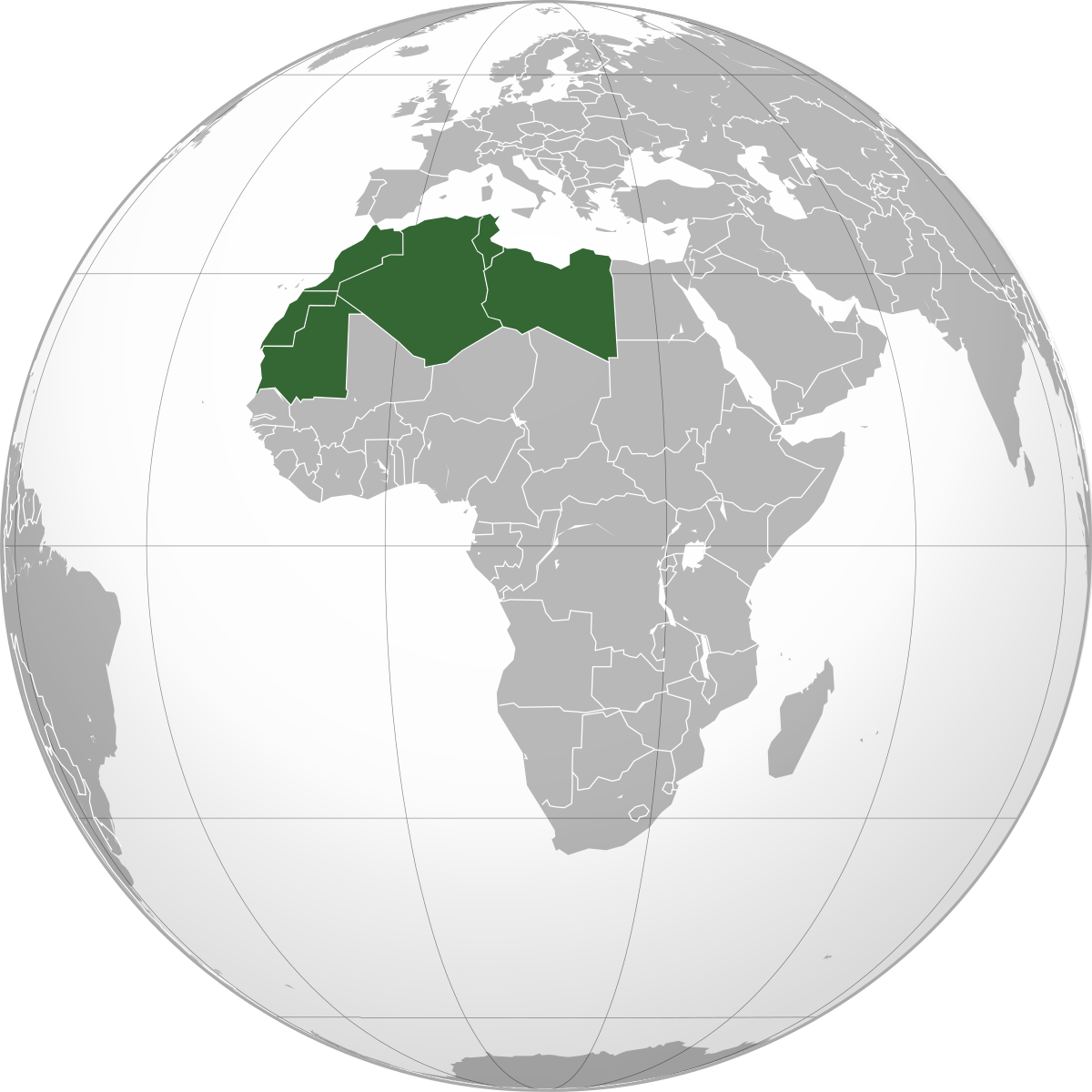 صورة لخريطة العالم و موضح فيها دول اتحاد المغرب العربي.