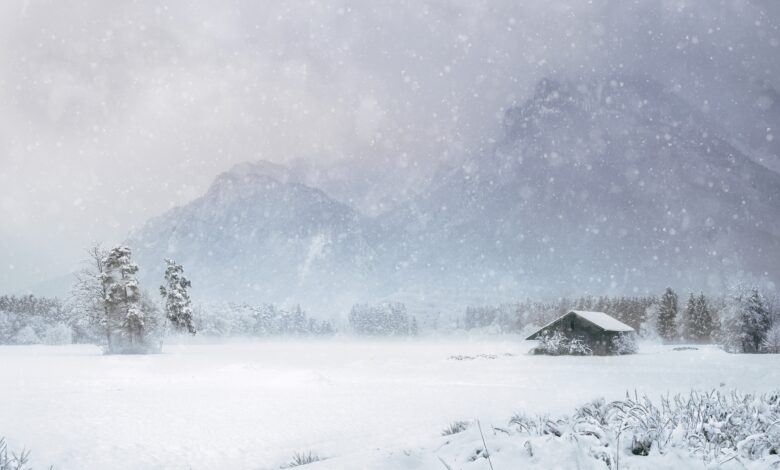 صورة جميلة لهطول الثلوج في الغابة ويوجد كوخ صغير فيها