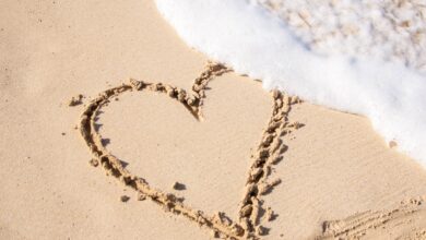 صورة جميلة لرسمة قلب علي الرمال علي الشاطيء